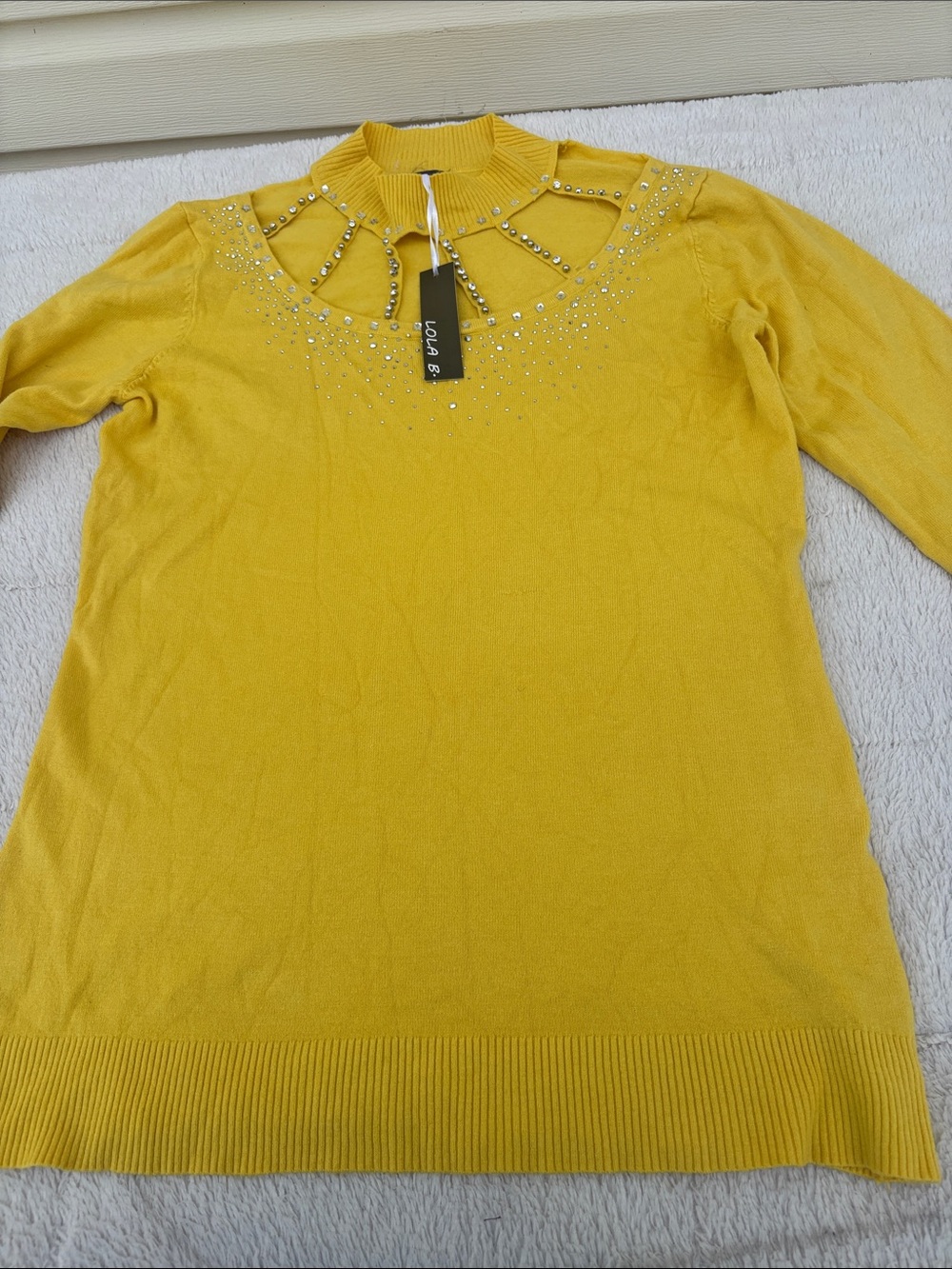 lola Golden Yellow Ribbed Mock-Neck Sweater with Rhinestone Detail